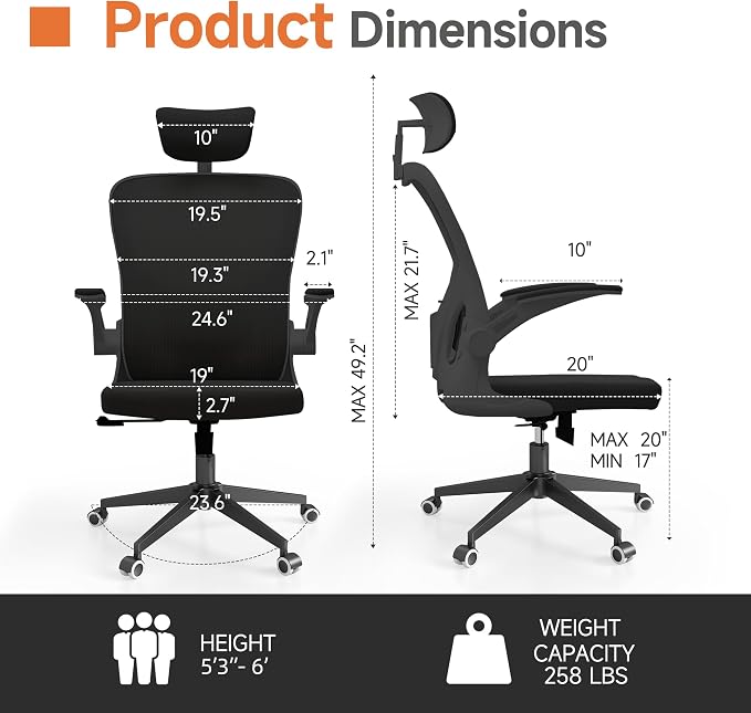 Monhey Office Chair Ergonomic Desk Chair with Lumbar Support&Headrest&Flip-up Arms Height Adjustable Rocking Swivel High Computer Chair Multi-Angle from 90° to 125° with 350LBS Capacity (03All Black)