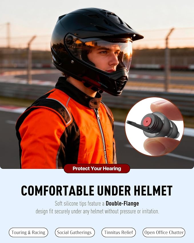 Motorcycle Ear Plugs 2Pairs, Wind Noise Reduction & Prevent Hearing Damage, Comfort Reusable Earplugs for Motorsports, Touring, Racing, Riding, 2 Sizes Fit All Ear-Canal, 25dB Noise-Reduction Earbuds