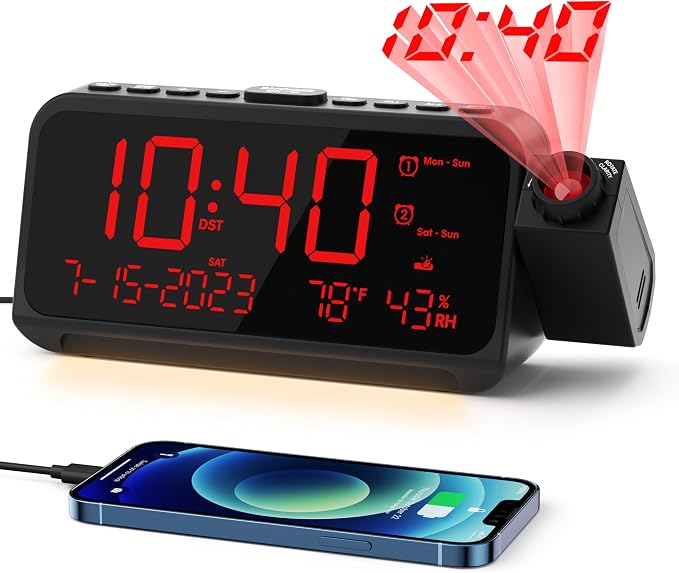 ROCAM Projection Alarm Clock with 180° Ceiling Projector & Digital Display | 5-Level Dimmer, Dual Alarms, Night Light, Temp & Humidity Display, Weekday/Weekend Mode, DST, Snooze Function for bedroom