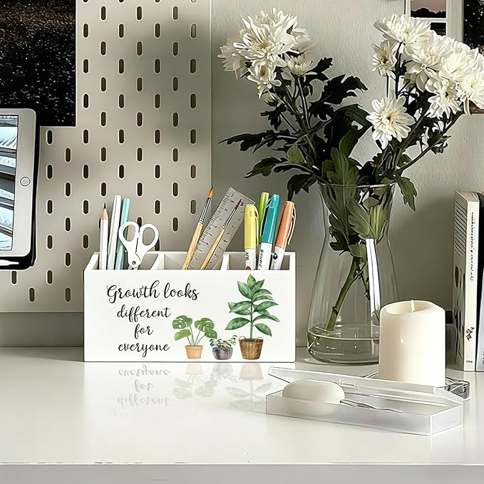 Mental Health Inspirational Pen Holder, Motivational Pencil Holder, Growth Looks Different for Everyone Wooden Box Sign Decorations for Therapy Counselor Office Classroom Desk Tabletop
