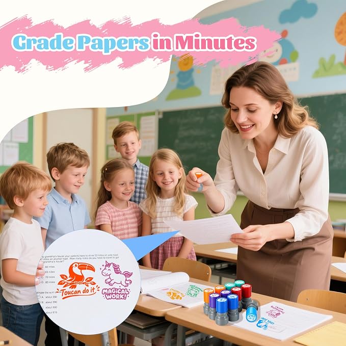 12Pcs Animal Teacher Stamps for Classroom, Teacher Appreciation Gifts, Self Inking Grading Stamps Set | Motivational Student Reward Stamps with Bees Sharks Owls, Classroom Essentials for Elementary