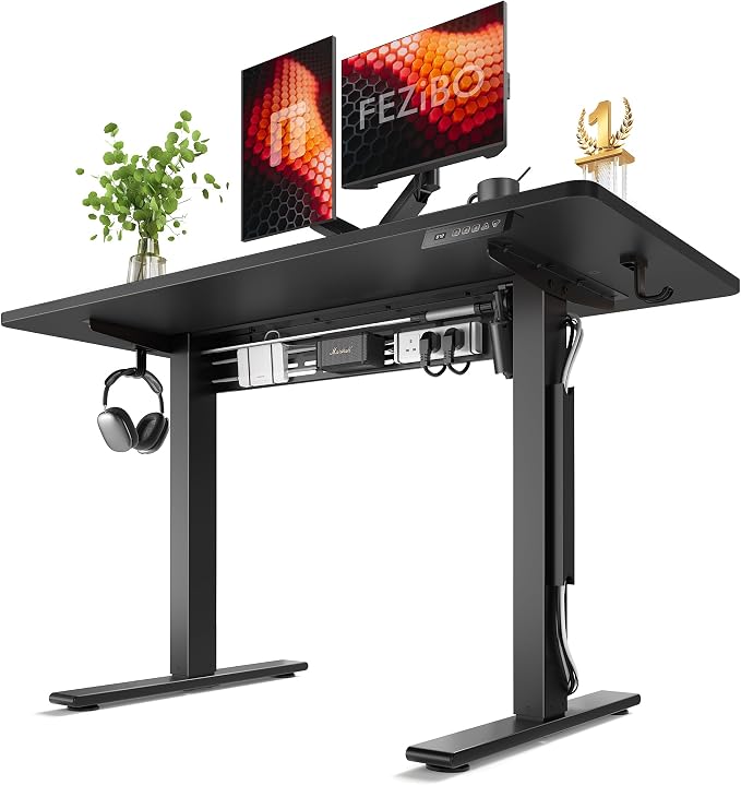 FEZIBO Electric Standing Desk with L-Shaped Crossbar & Cable Management System, 48 x 24 Inches Sit Stand up Desk, Adjustable Height Standing Desk for Home Office, Black