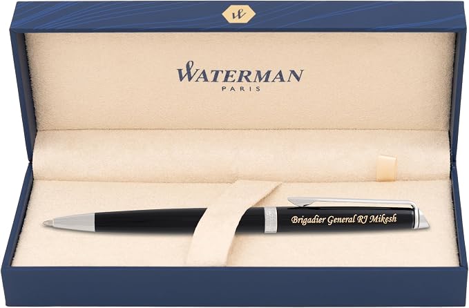 Waterman Hemisphere Ballpoint Pen, Glossy Black Lacquer with Chrome Trim, Personalized Laser Engraving, Mysterious Blue Ink, Waterman Gift Box, Graduation and Retirement Gift