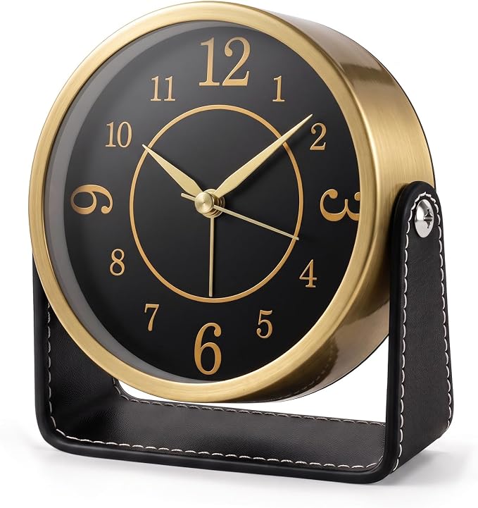 Analog Alarm Clock - 4.5" Silent Non Ticking Small Clock with Light, Rotatable Stand Metal Desk Clock Battery Operated, Simple Design for Living Room Decor/ Bedroom/Bedside/Shelf (Gold & Black)