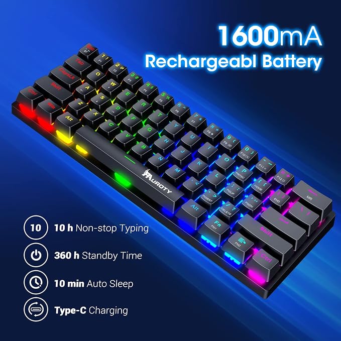 Pauroty 60% Wireless Mechanical Keyboard, Triple Mode 2.4G/USB-C/Bluetooth Gaming Keyboard, RGB Backlit, Clicky Blue Switch, 61 Keys Rechargeable Mini Wireless Keyboard for iPad Mac PC Xbox