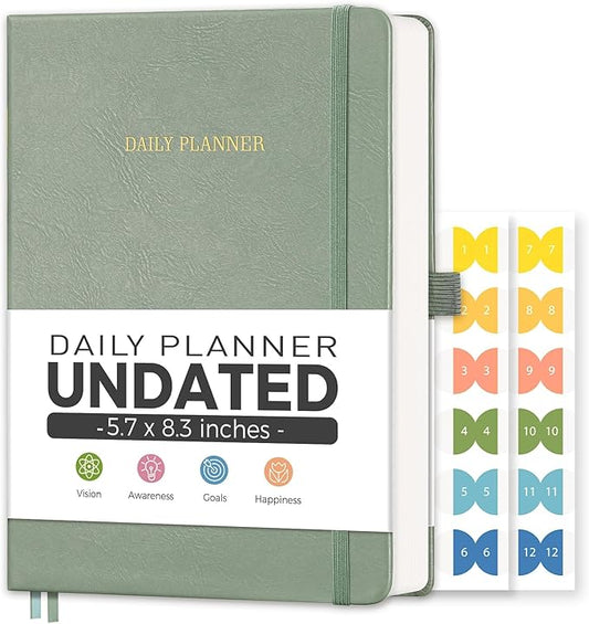 Daily Planner Undated, Appointment Book for Hourly, Daily and Monthly, 365 Days, One Page a Day, Medium Size (5.7" x 8.3"), Leather Hardcover, 12 Self-adhesive Monthly Tabs (Light Green)