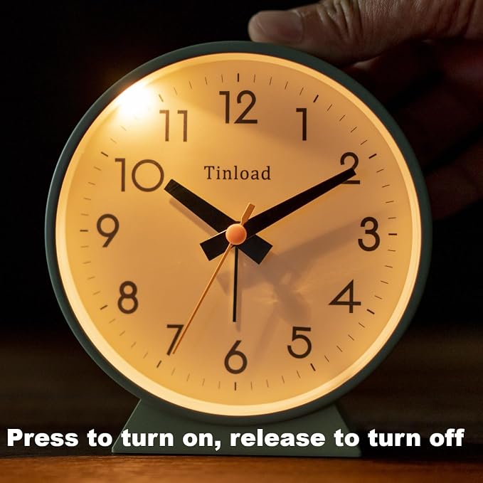 Tinload 4.5" Battery Operated Antique Retro Analog Alarm Clock, Small Silent Bedside Desk Clock,Lighted on Demand, Battery Operated, Snooze, for Living Room, Bedroom, Bedside, Desk(Green)