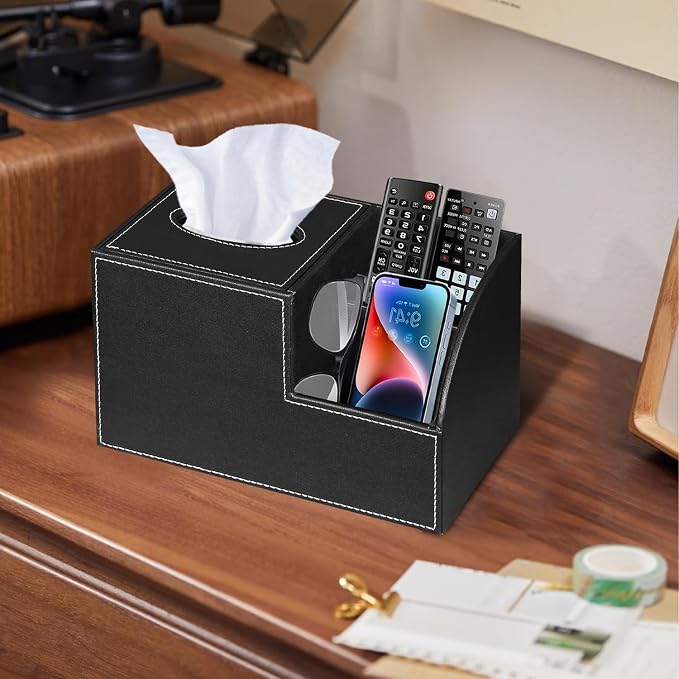 PU Leather Square Tissue Box Cover,Multi-Functional Tissue Cube Box Holder | Facial Tissue Box Cover with Storage,Tissue and Remote Control Holder,Cube Tissue Box Organizer Bedroom,Nightstand,End Table