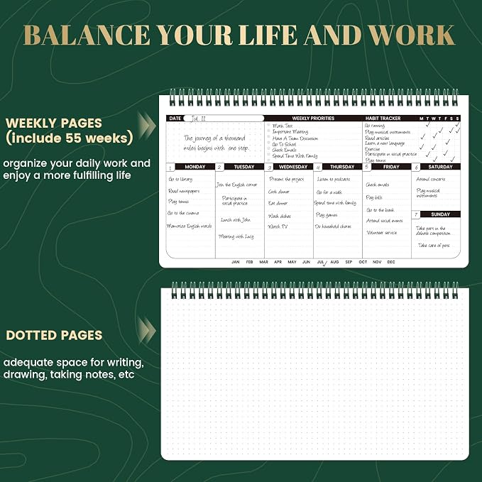 Weekly Planner 2026-2027 - 11.2" x 6.3", Dark Green Spiral Bound, Thick Paper for Smooth Writing, Portable Size for Students, Teachers & Office Workers, 55 Weeks