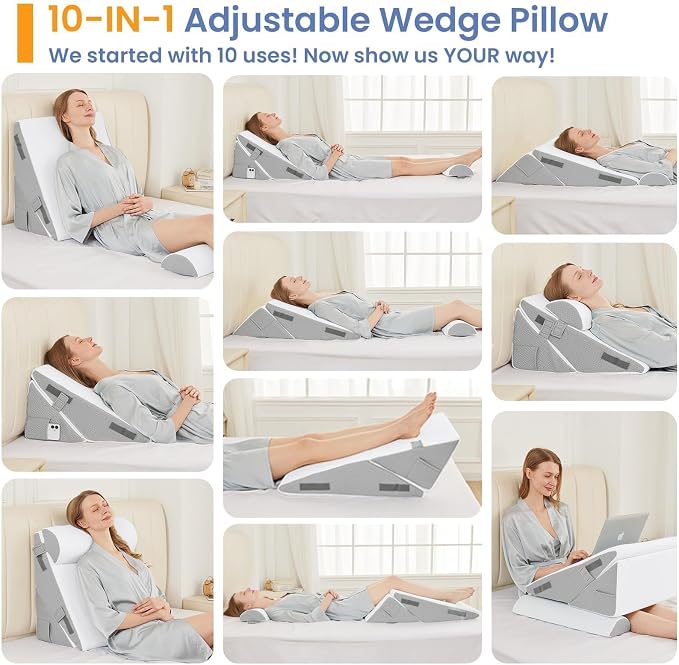 Sasttie Adjustable Wedge Pillow Set for After Surgery, Light Grey & White | Bed Wedge Pillow Headboard with Memory Foam Neck Cushion, for Acid Reflux, Sleeping, Neck & Back Support