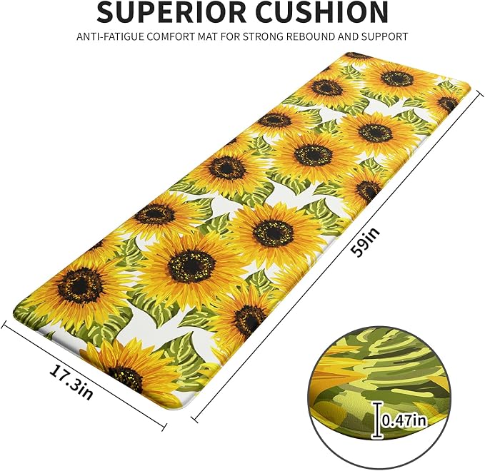 Sunflower Kitchen Decor Mat, Extra Long Anti Fatigue Kitchen Mats | Extra Long Coverage,Bright Sunflower Pattern,Cushioned Comfort,Waterproof Surface,Non-Slip Backing,Easy Clean,Kitchen Island