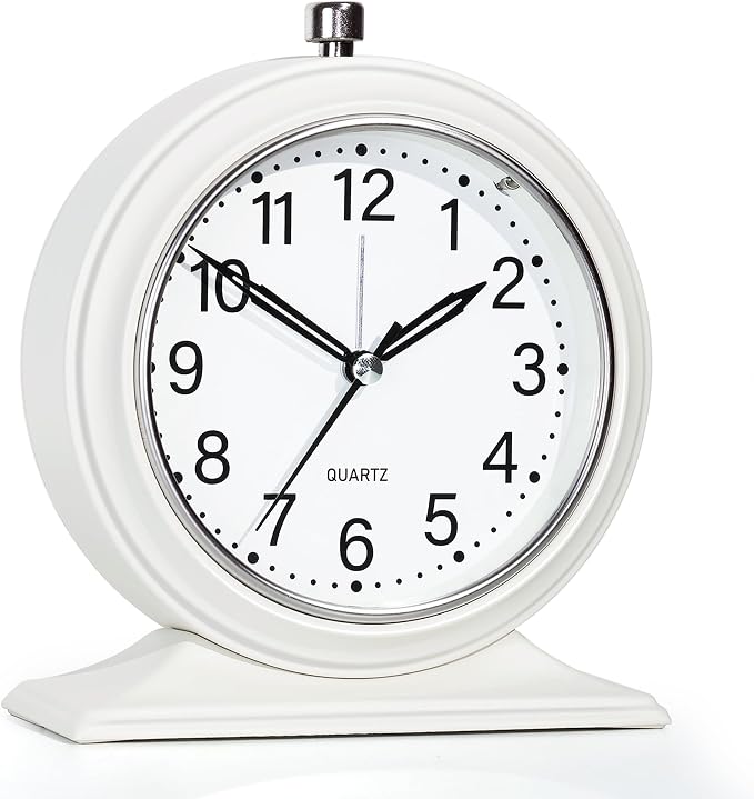 AYRELY® 5.5" Vintage Metal Alarm Clock, Desk and Table Clock for Shelf | Battery Operated Silent Analog Clock with Light for Living Room,Mantel, Bedside and Home Decor (White)