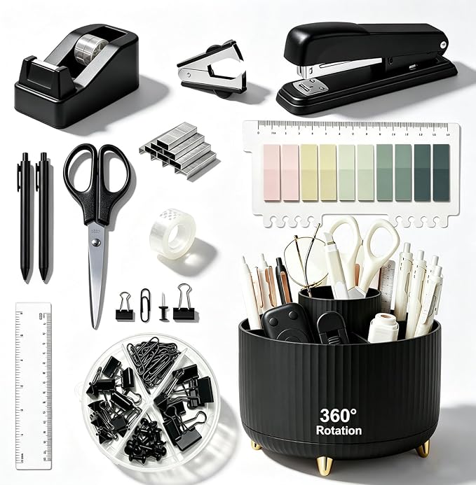 Office Supplies Rotating Pen Holder for Desk with Stapler Staple Remover, Tape Dispenser, Tape Refills, Binder Paper Clips Kit, Scissor,Pen, Ruler & Sticky Tabs,White Office School Supplies(Black)