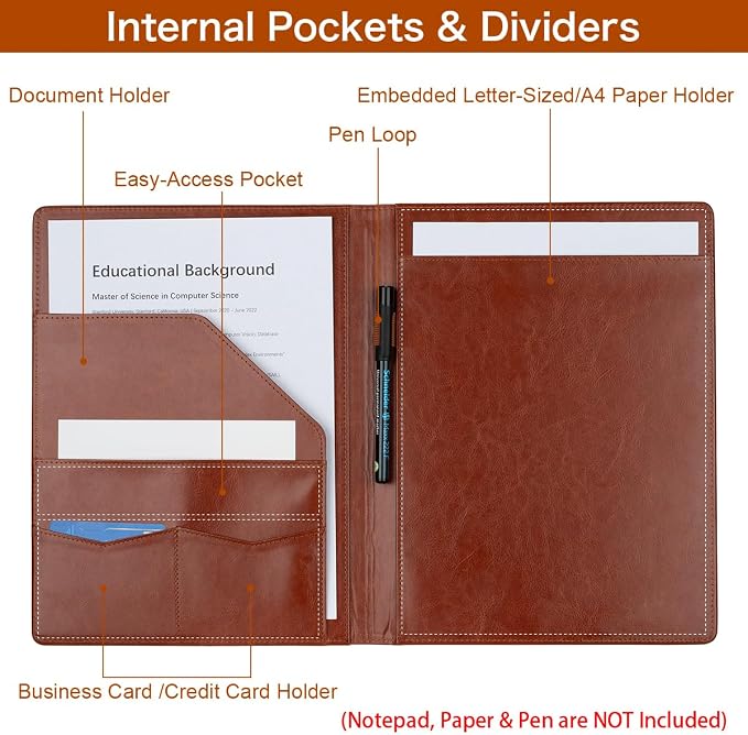 Padfolio Portfolio Binder, Faux Leather Folder, Resume Interview Legal Document Organizer, Letter Sized Writing Pad w/Business Card Holder, A4 Professional Folio for Office Conference (Brown)