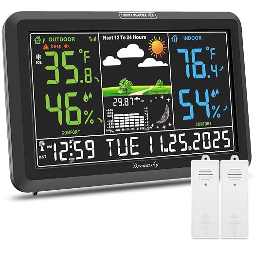 DreamSky Weather Station Indoor Outdoor Thermometer Wireless, Atomic Clock | Digital Large Display with Backlight Dimmer, USB Port, Inside Outside Temperature Humidity Monitor for Home (Plug-in)