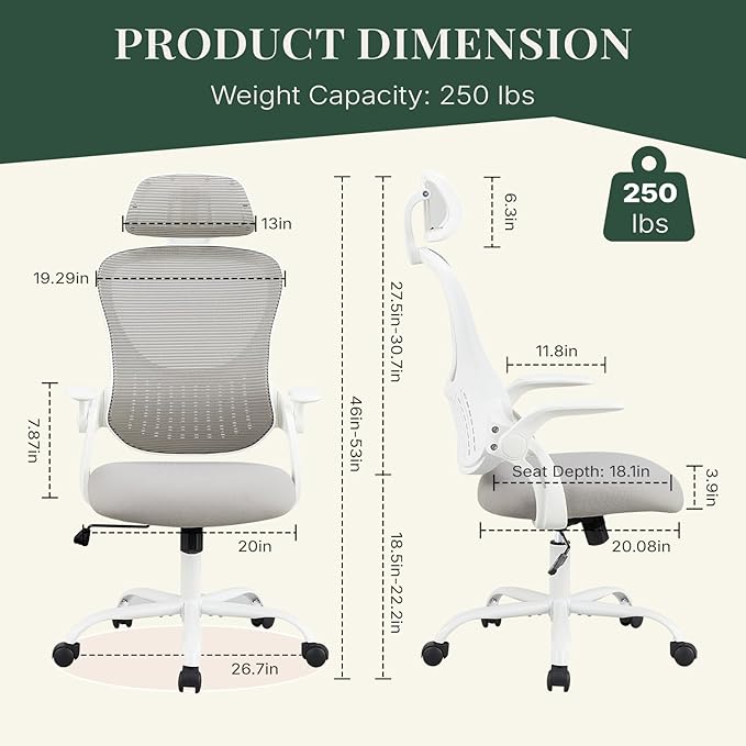 Ergonomic Light Weight Office Chair, Comfy Desk Chair with Wheels, Work Chair with Adjustable Headrests, Flip-Up Armrests, Breathable Mesh Back, Small Computer Chair for Home Computer, Grey