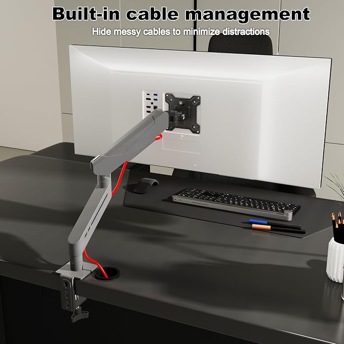 THEARK Single Monitor Desk Mount 17"-32" Screens - Adjustable Mechanical Monitor Arm Computer Monitor Stand up to 19.8 lbs,VESA Arm Desk Mount with C-Clamp and Grommet Base,VESA 75x75/100x100mm,Silver