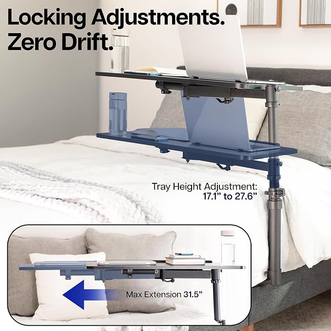 Height Adjustable Under Mattress 30 inch Bedside Desk, Works with Lofts and Beds Without Frames, Tilting Desktop, Fits Laptops, Books, and More, Black