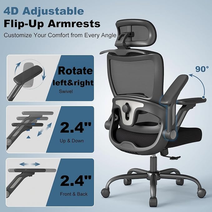 AnyGod Ergonomic High Back Mesh Office Chair, Big & Tall Swivel Desk Chair | 3D Adjustable Headrest, 4D Flip-Up Armrests, Computer Chair with Lumbar Support, Breathable Gaming Chair for Home Study