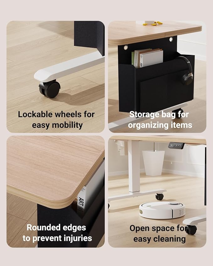 Coffee Table, Height Adjustable Electric Coffee Table with Storage Bag Lift Tabletop Dining Table Office Table with Lockable Wheels for Living Room (Natural Maple Look, 48 x 24 Inches)