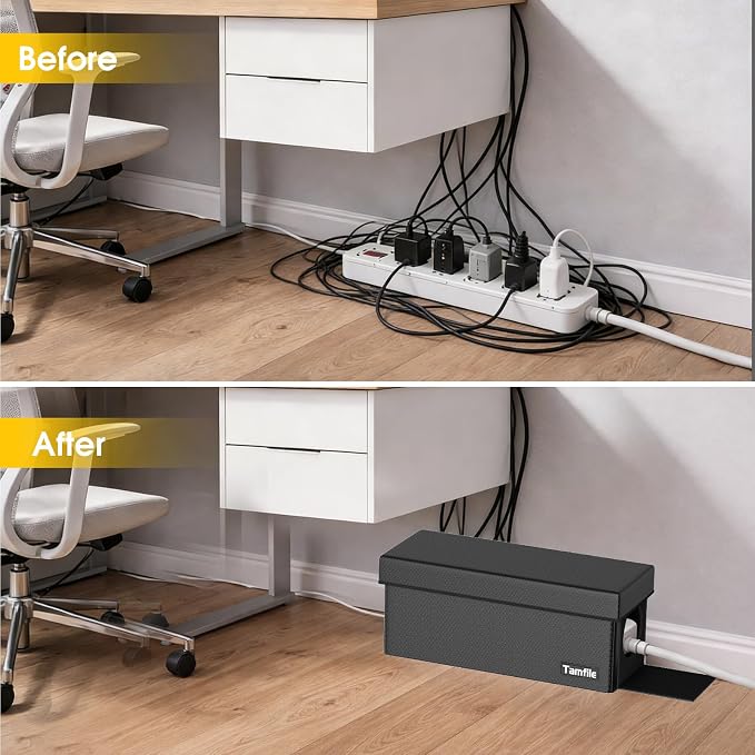 Tamfile Cable Management Box, Fireproof Foldable Cord Organizer and Cover | Heat Resistant Large Power Strip Organizer for TV Wires, Computer and USB Hub with Cable Clips & Reusable Cable Ties, Black