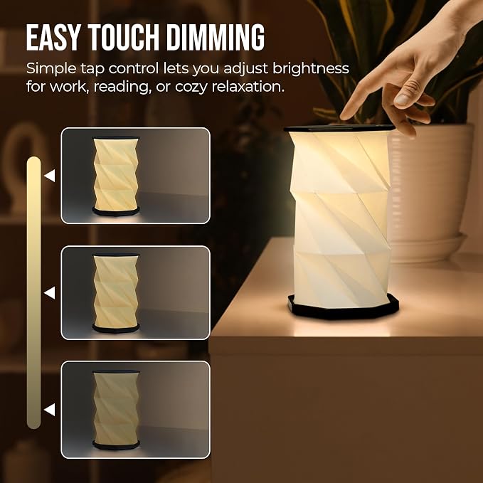 Origami Expanding Foldable LED Desk Lamp – USB Rechargeable & Portable - Dimmable Touch Control Light with Adjustable Height up to 8.25" for Office, Travel, Bedside - Sleek & Modern Design (Black)