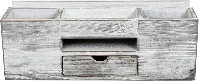 Liry Products Whitewashed Wooden Desktop Organizer Multiple Compartments Rack Shelf Drawer Tabletop Wood Storage Cabinet Office Supplies Caddy Document Stationery Holder Accessory Sorter Vanity Home