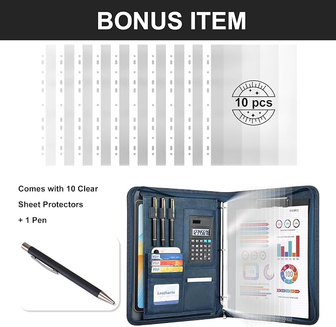 Leathario Portfolio Binder, 3-Ring Folder Organizer, Includes 5 Sheet Protectors and a Pen, Vegan Leather A4 Padfolio for Tablets, Business Conferences Professional Document Organizer
