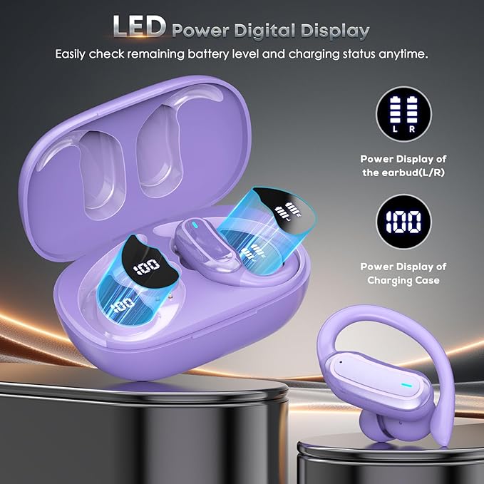 TRAUSI Wireless Earbuds Bluetooth Headphones, 54H Playtime Stereo Over Ear Buds with ENC Noise Cancelling, LED Power Display, IPX7 Waterproof Sport Earphones wih Earhooks for Running/Workouts Purple