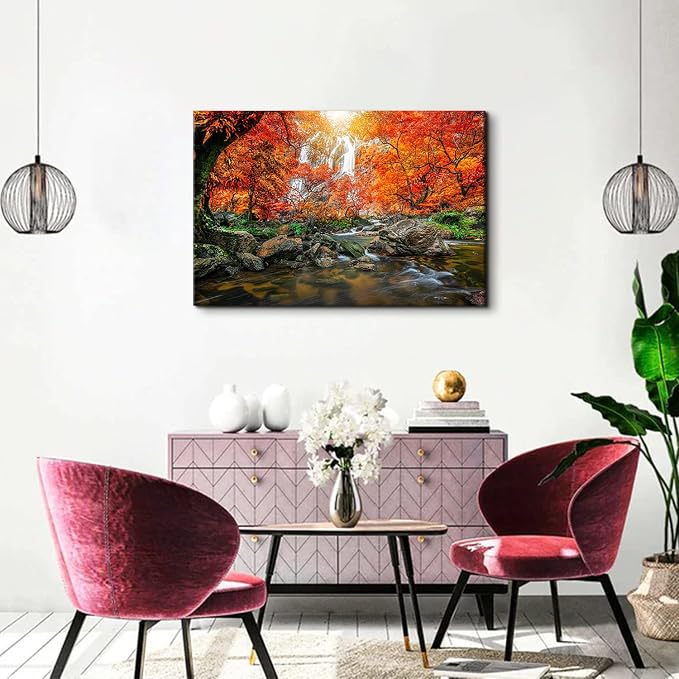 Waterfall Wall Art Sunset Nature River Landscape Picture Bedroom Decor 24x36" Autumn Forest Mountain Canvas Kitchen Modern Artwork Burnt Orange Maple Tree Scenery Painting Living Room Home Decoration