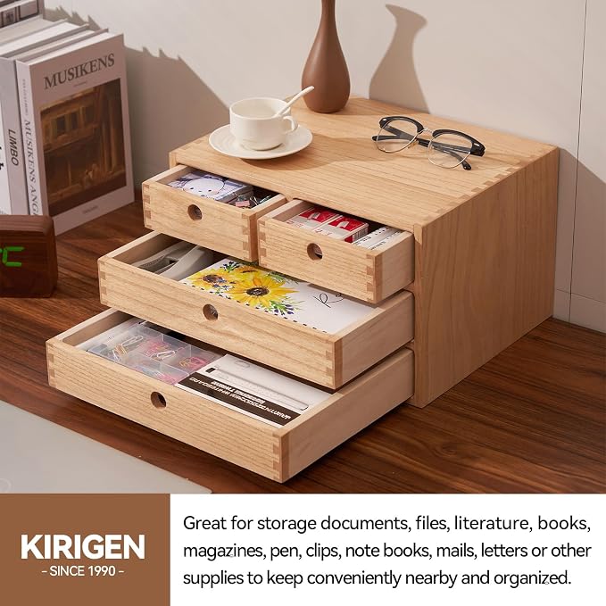 KIRIGEN Wood Desk Organizer with 4 Drawers, Desktop Storage, Natural 34-NA | 3-Tier Solid Wood Cabinet Holds Letter-Size Paper, Mail, Makeup, Crafts, and Home Office Supplies, Fully Assembled