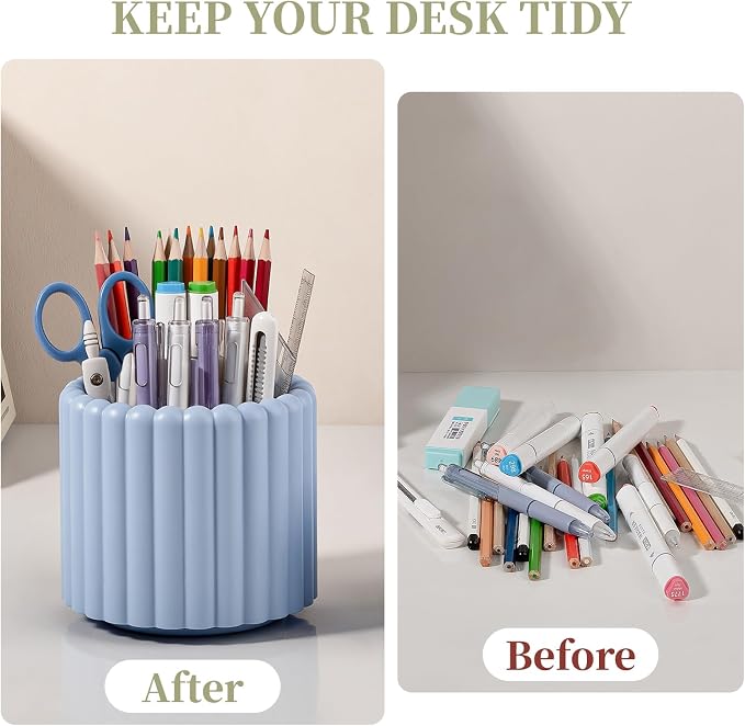 Anyoifax 360° Rotating Pen Holder for Desk Removable Pencil Organizer, Blue | 7 Slots Pen Cup Cute Office Supplies and Accessories Plastic Desktop Storage Box Art Caddy for School, Work, Home