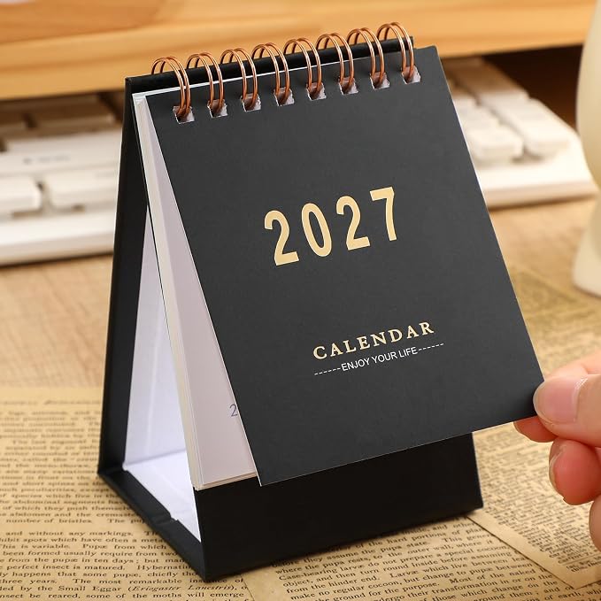 Mini Desk Calendar 2026-2027 - Use July 2026 to Dec 2027 Monthy Small Desktop Calendar 250 GSM Thick Paper Twin-Wire Binding for Home or Office (Black)