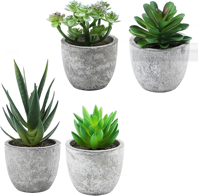 ABAJI Mini 4 Succulents Plants Artificial in Pots Fake Plants for Bedroom Aesthetic Living Room Shelf Bathroom Decor Office Desk Accessories