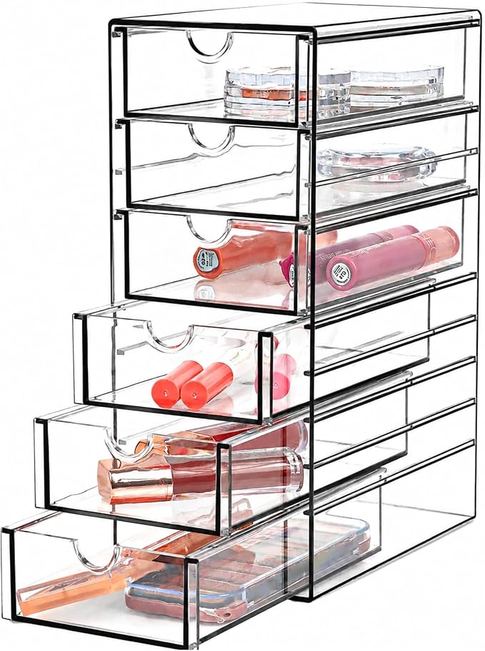 Clear Drawer Organizer, Transparent Plastic Storage Drawers, Hair Accessaries Organizer Case Display Stand, Acrylic Organizers for Organizing Eyeglass, Hair Ties, Accessories (Large - 6-Drawer)