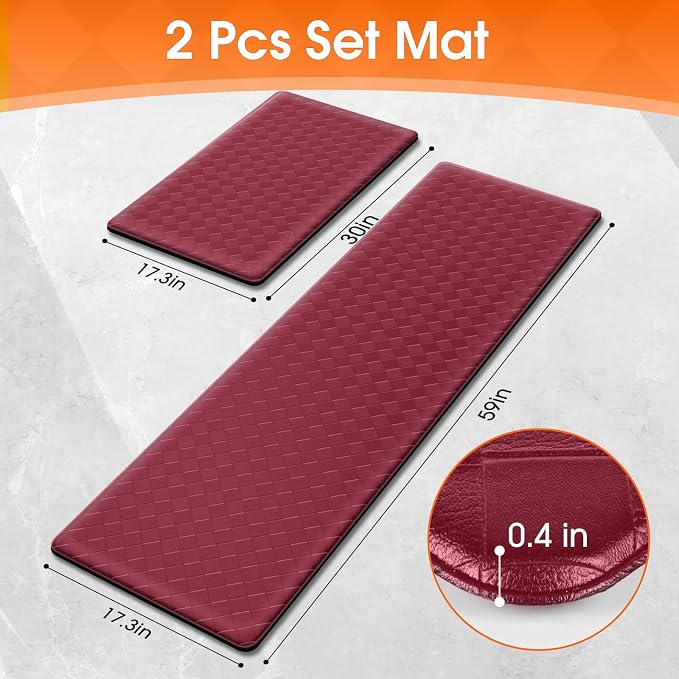 TranquilRelax Kitchen Mats, 2PCS Kitchen Rugs, Cushioned Anti Fatigue Kitchen Mats for Floor, Non-Slip Standing Desk Mat, Waterproof Kitchen Rug Set for Kitchen Floor Office,17.3"×30"+17.3"×59" Red