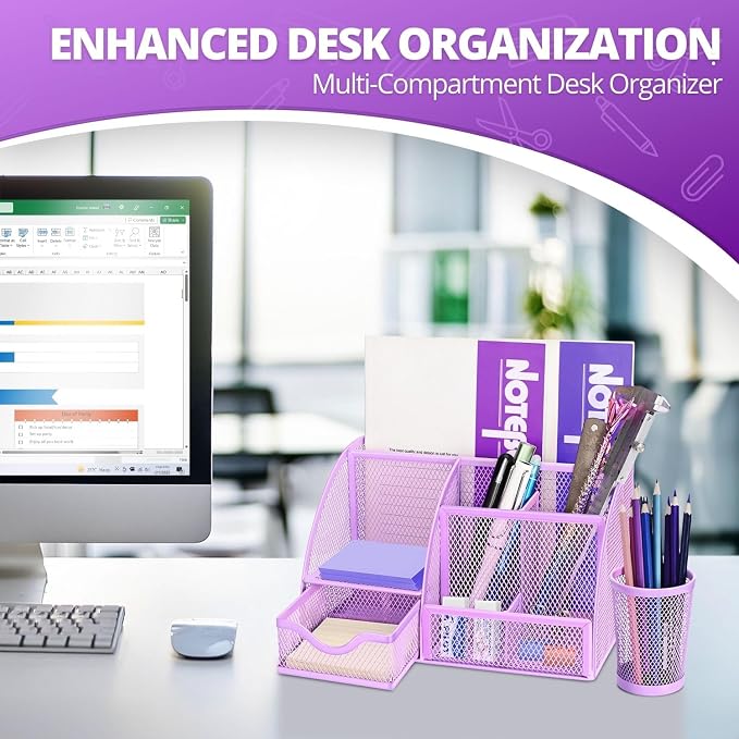 Flexzion Desk Caddy Organizer Set (Purple) - Metal Mesh Desktop Caddy with Drawers, 6 Compartments, and Pencil Holder for Women & Men - Desktop Organizer and Storage for Work or Office Supplies | Compact Desktop Caddy with Separate Pen Holder; 8.7 X 5....