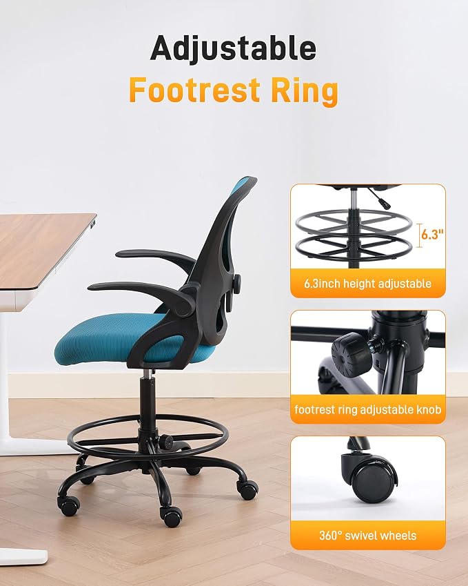 LukkDys Drafting Chair with Arms, Tall Office Chair for Standing Desks | Ergonomic lumbar pad, breathable mesh and foot ring support forward-leaning posture for sewing, crafts and daily studio work.