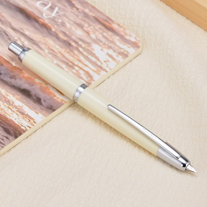 Jinhao 20 Press Fountain Pen, Ivory White Retractable Medium Nib with Ink Converter Set (Silver Clip)