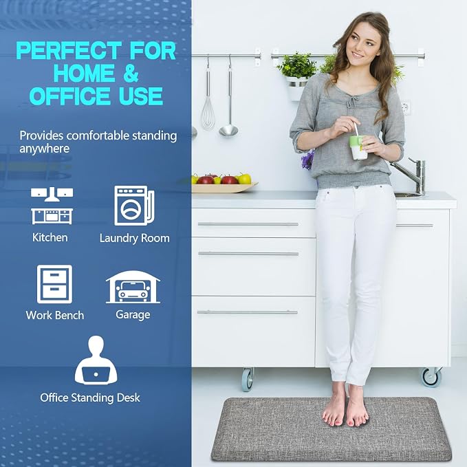 Anti Slip 7/8 inchs Anti Fatigue Kitchen Floor Mat, Ergonomic Comfort Standing Mat, Waterproof Kitchen Runner for Home, Kitchen, Office, Laundry, Garage (Light Gray, 17.3" x 39" -0.87")