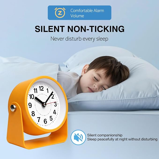3.5" Analog Alarm Clock Silent Light Snooze 360° Adjustable Angle | Small Retro Desk Clock Battery Operated, Silent Metal Table Clock with Light for Living Room,Bedroom Loud Alarm Clock Adults