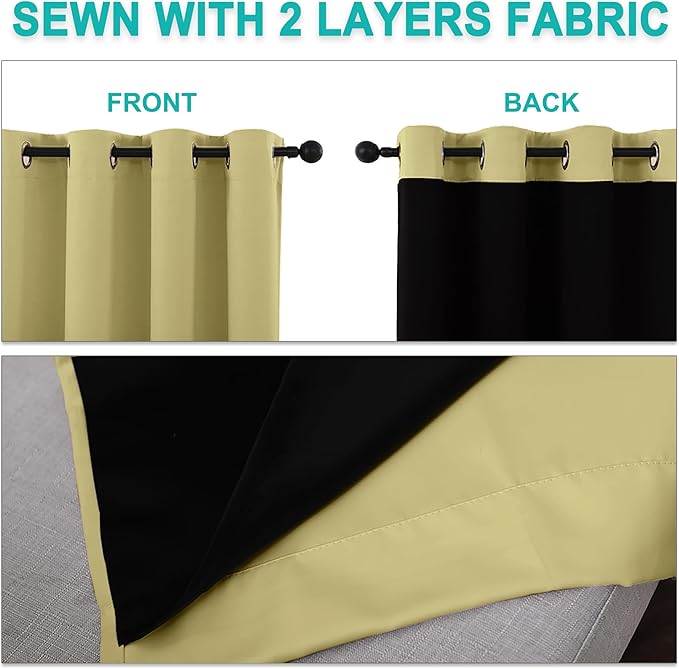 NICETOWN 100% Blackout Blinds, Laundry Room Decor Window Treatment Curtains for Large Patio Sliding Door, Thermal Insulated Paler Yellow Curtains for Bedroom, Set of 2, 70 inches x 108 inches