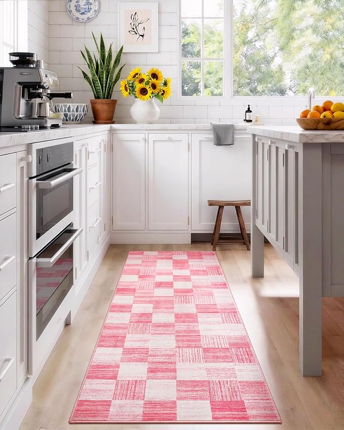 Terrug Pink Runner Rugs for Kitchen, 2x6 Checkered Area Rug Washable with Non Slip for Bedroom, Soft Low Pile Stain Resistance Carpet for Entryway Hallway