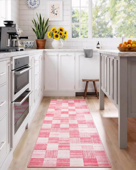 Terrug Pink Runner Rugs for Kitchen, 2x6 Checkered Area Rug Washable with Non Slip for Bedroom, Soft Low Pile Stain Resistance Carpet for Entryway Hallway
