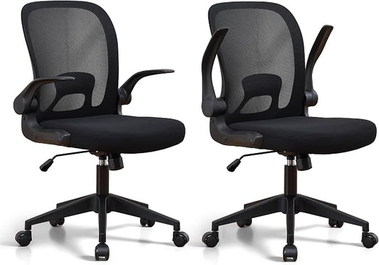 IPKIG Foldable Office Chair for Small Spaces | Home Office Folding Desk Chairs with Wheels and Flip Up Arms | Ergonomic Mesh Computer Chair for Adults & Kids(2PCS Black)
