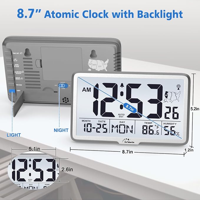WallarGe Atomic Wall Clock with Backlight, Battery Operated | Large Digital Display, Indoor Temperature, Humidity, Date, AUTO DST, 6 Time Zones
