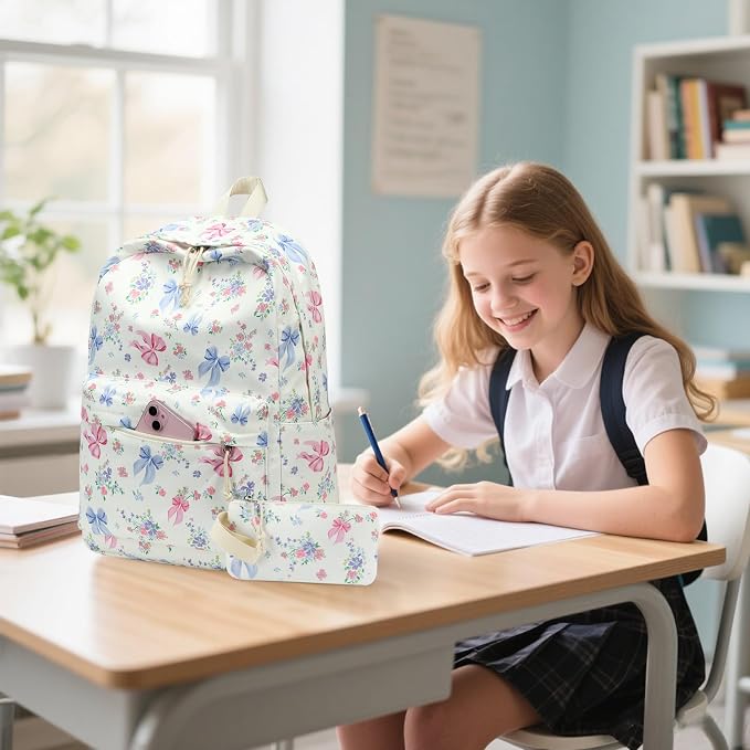 Bluboon Teen Girls School Backpack Kids Bookbag Set with Lunch Box Pencil Case Travel Laptop Backpack Casual Daypacks (Pink Blue Bow - White)