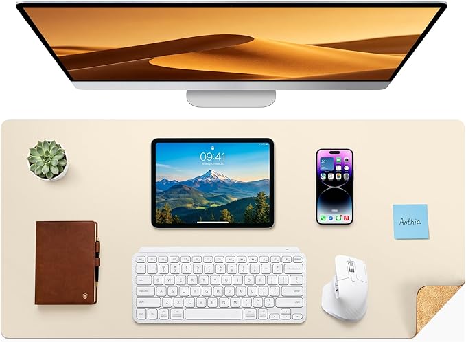 Aothia Dual-Sided Desk Mat - Natural Cork & Leather Desk Protector, Large Mouse Pad & Writing Pad for Office/Home, Beige (37.8"x17")