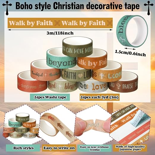 24 Rolls Back to School Christian Washi Tape Gifts Bulk Graduation VBS Religious Scripture Boho Bible Verse Washi Tape for Bible Journaling Crafting Students BibleStudy Stationery