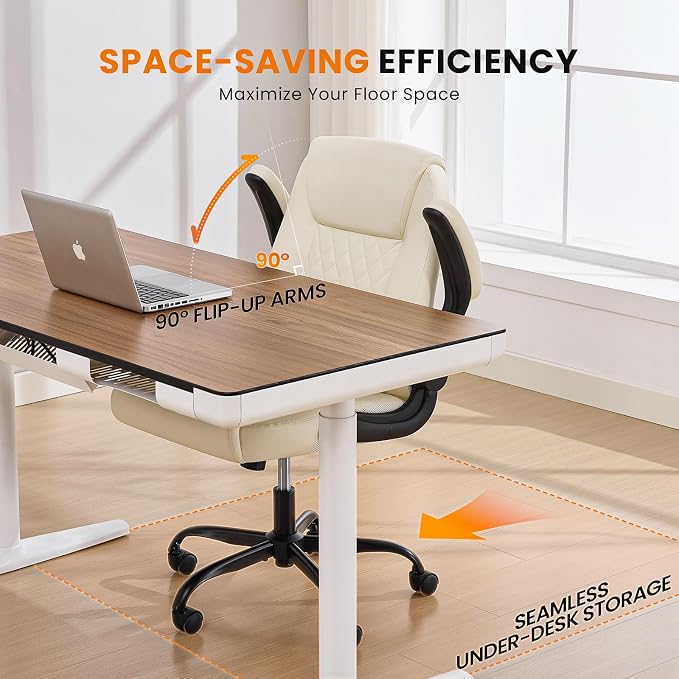 Leather Office Chair, 300lbs Heavy Duty Mid-Back Desk Chairs with Flip-up Armrests, Space-Saving Swivel Task Chair with Wheels, Adjustable Height and Ergonomic Back Support, Beige